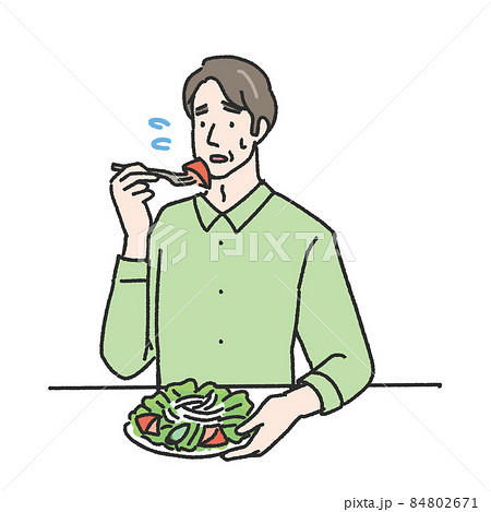 野菜を食べるのを嫌がる中年男性のイラスト 野菜を食べるのを嫌がる中年男性のイラスト 84802671
