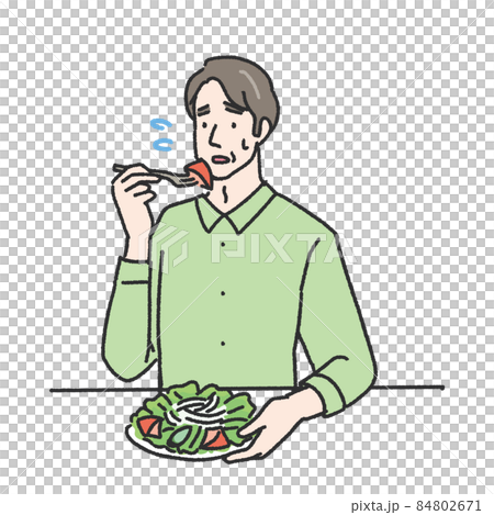 野菜を食べるのを嫌がる中年男性のイラスト 野菜を食べるのを嫌がる中年男性のイラスト 84802671