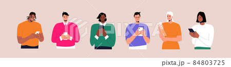 Collection of young people looking on smartphones. Set of people with different ethnic using smartphones. Female and Male Characters collection. Flat Cartoon Vector Illustration. Eps 10. 84803725