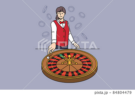 Smiling female croupier spin roulette in casino 84804479