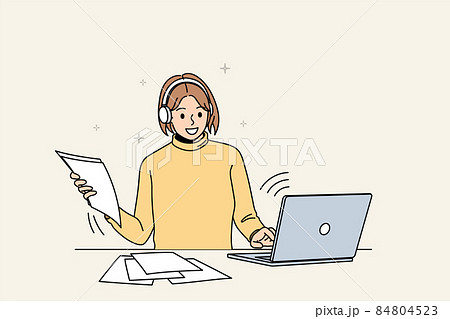 Smiling girl study online from home on computer Smiling girl study online from home on computer 84804523