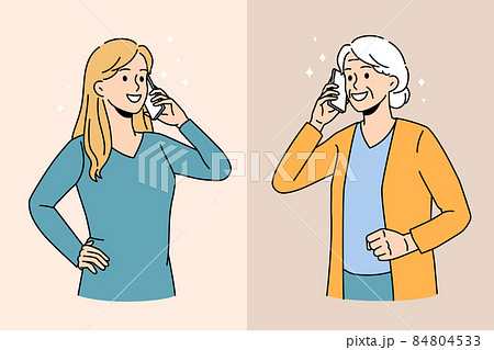 Happy girl talk on cellphone with mature grandma 84804533