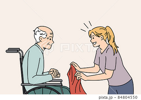 Attentive caregiver take care of mature patient in wheelchair Attentive caregiver take care of mature patient in wheelchair 84804550