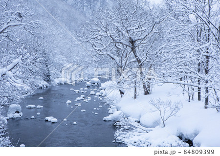 雪が積もる小又川の川原、秋田県 雪が積もる小又川の川原、秋田県 84809399