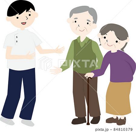 作業療法士 理学療法士 言語聴覚士による家族と患者 老夫婦 へリハビリテーションの説明のイラスト素材