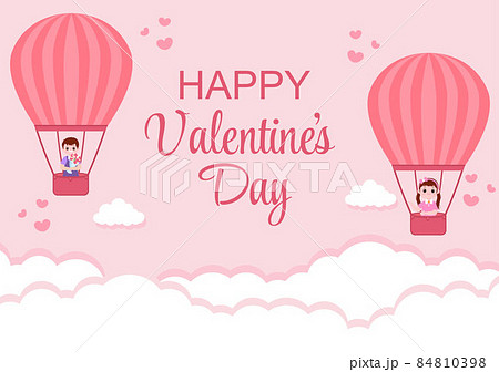 Happy Valentine's Day Flat Design Illustration Which is Commemorated on February 17 with Teddy Bear, Air Balloon and Gift for Love Greeting Card 84810398