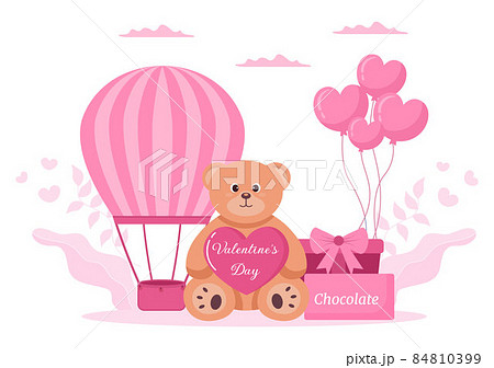 Happy Valentine's Day Flat Design Illustration Which is Commemorated on February 17 with Teddy Bear, Air Balloon and Gift for Love Greeting Card 84810399