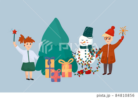 Christmas and New Year illustration with cute seasonal elements. Cartoon winter poster with a Snowman and children Christmas and New Year illustration with cute seasonal elements. Cartoon winter poster with a Snowman and children 84810856