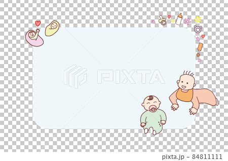 Illustration with baby and baby bottle, pacifier, heart, cherry blossom, etc. on a light blue background with copyright 84811111