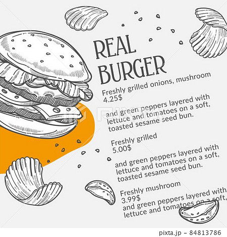 Real burger fast food and chips, monochrome menu 84813786
