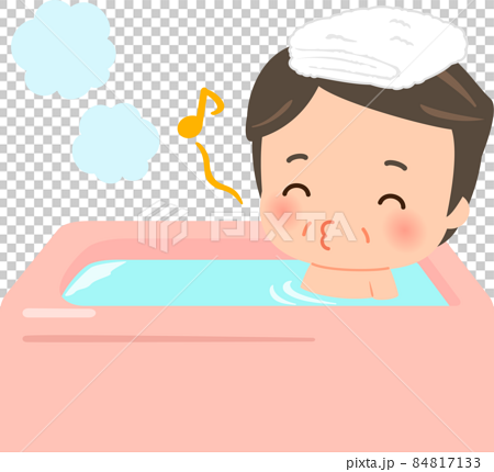 風呂で頭にタオルを乗せ口笛を吹く中年男性のイラスト素材