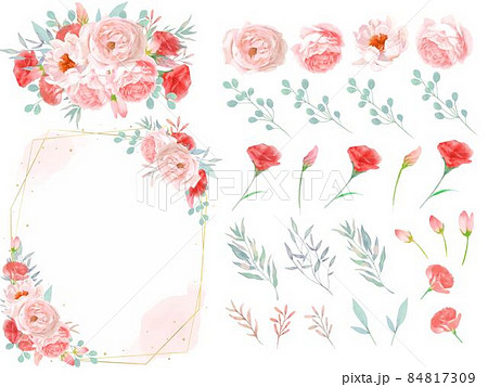 エレガントで美しい赤とピンクのバラの花とつぼみとリーフのゴールドフレームセットベクターイラスト素材のイラスト素材