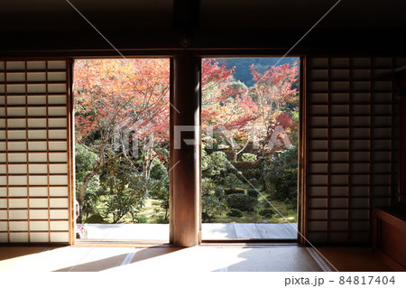畳の部屋の白い障子の開いた外の広縁の先に見える紅葉したもみじと緑の草木と苔のある庭と山の風景 84817404