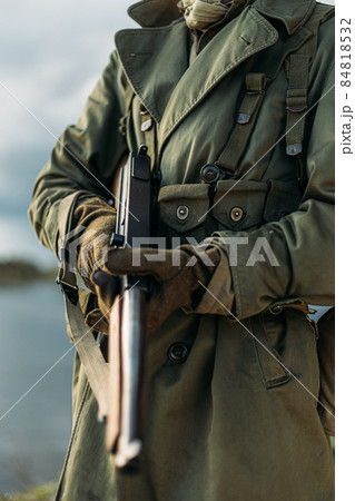Soldier Of USA Infantry Of World War II Holds Submachine Weapon In Hands Soldier Of USA Infantry Of World War II Holds Submachine Weapon In Hands 84818532