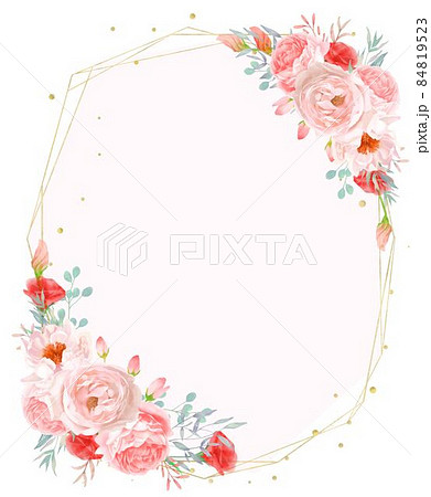 エレガントなピンクと赤のバラの花とつぼみとリーフのゴールド