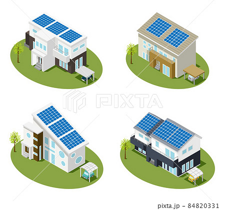 太陽光パネルを備えたモダンな住宅 4種セット 太陽光パネルを備えたモダンな住宅 4種セット 84820331