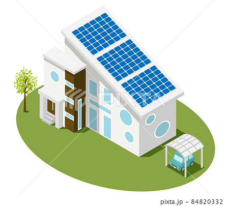 ソーラーパネル 斜め屋根の住宅のクリップアート アイソメトリック図法 円窓のイラスト素材