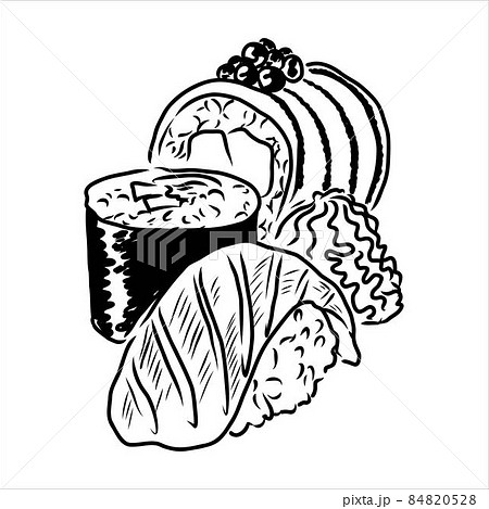 Hand holding Japanese, Chinese, Asian sushi, roll with pair of wooden chopsticks, sketch vector illustration isolated on white background. Human hand with chopsticks and sushi, roll with salmon 84820528