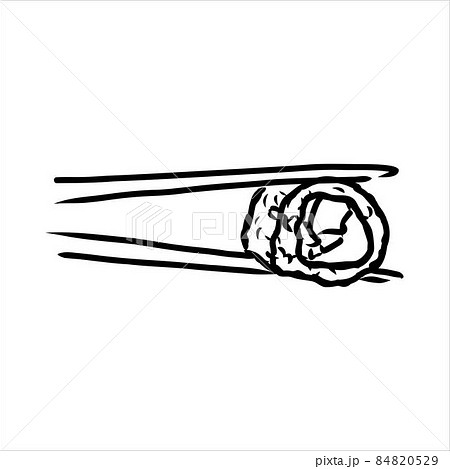 Hand holding Japanese, Chinese, Asian sushi, roll with pair of wooden chopsticks, sketch vector illustration isolated on white background. Human hand with chopsticks and sushi, roll with salmon 84820529