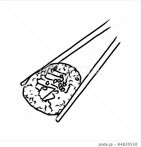 Hand holding Japanese, Chinese, Asian sushi, roll with pair of wooden chopsticks, sketch vector illustration isolated on white background. Human hand with chopsticks and sushi, roll with salmon 84820530
