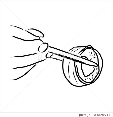Hand holding Japanese, Chinese, Asian sushi, roll with pair of wooden chopsticks, sketch vector illustration isolated on white background. Human hand with chopsticks and sushi, roll with salmon 84820531