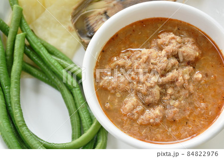 spicy mashed mackerel and fermenting fish chili sauce paste eat couple boiled vegetable on plate 84822976