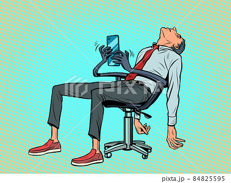 The businessman is tired and fell asleep, the robot chair continues to work for him and respond to messages in the smartphone 84825595