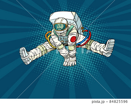 The astronaut rejoices jumping up in a funny pose with his legs apart. Space and science 84825596
