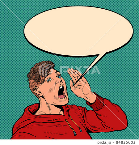 a young man shouts an announcement of pop art, advertising template poster style 84825603