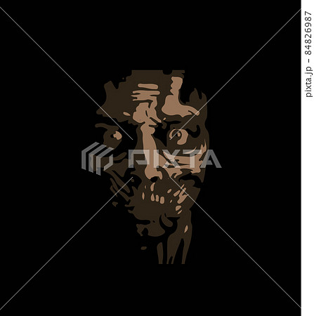 Terrible zombie mask for All Saints' Day or Halloween. Dried human face of crazy man, human skull, vector illustration, abstract logo 84826987