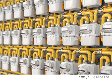 Natural gas meters iin a row. Household energy consumption. Natural gas meters iin a row. Household energy consumption. 84828178