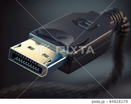 Closeup of Display port DP cable video monitor connector on black background. Closeup of Display port DP cable video monitor connector on black background. 84828179
