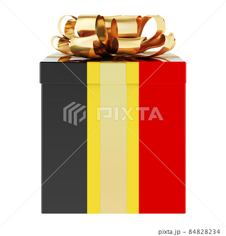 Gift box with Belgian flag. Holiday in Belgium, concept. 3D rendering Gift box with Belgian flag. Holiday in Belgium, concept. 3D rendering 84828234