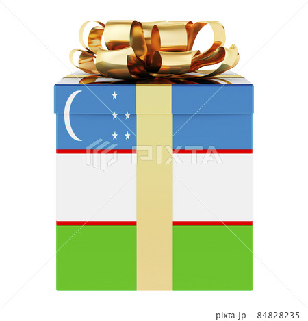 Gift box with Uzbek flag. Holiday in Uzbekistan, concept. 3D rendering Gift box with Uzbek flag. Holiday in Uzbekistan, concept. 3D rendering 84828235