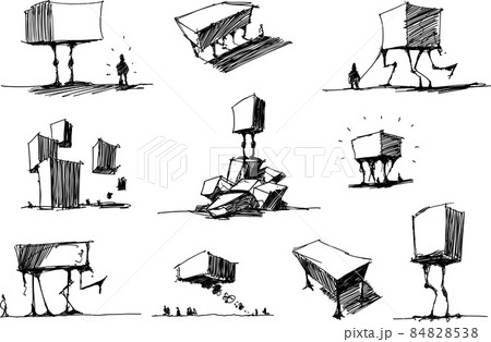 many hand drawn architectectural sketches of a modern abstract fantastic architecture  and cretures 84828538