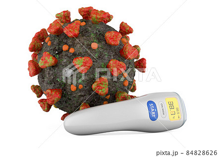 Virus with infrared electronic thermometer. 3D rendering Virus with infrared electronic thermometer. 3D rendering 84828626