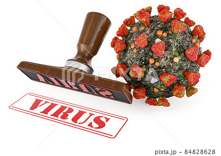 Virus stamp. Wooden stamper with virus, 3D rendering Virus stamp. Wooden stamper with virus, 3D rendering 84828628