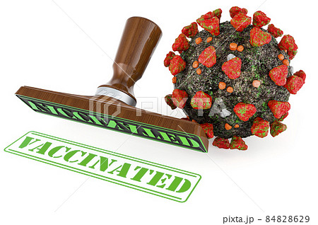 Vaccinated stamp. Wooden stamper with virus, 3D rendering 84828629