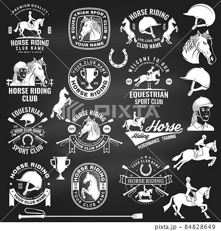 Set of Horse riding sport club badges, patches, emblem, logo. Vector illustration. Vintage monochrome equestrian label with rider, helmet and horse silhouettes. Horseback riding sport. Concept for 84828649