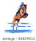 Jockey on horse. Horse Jumping. Equestrian Events. Show Jumping Competition. Watercolor painting illustration isolated on white background 84829412