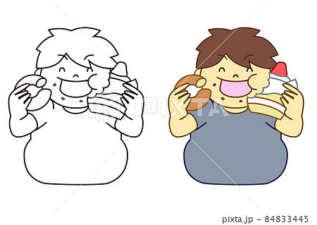 おやつを暴飲暴食する男性　線画付き　ベクターイラスト 84833445