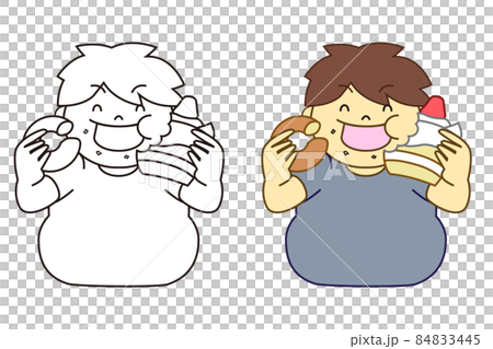 A vector illustration with a line drawing of a man who drinks and eats snacks 84833445