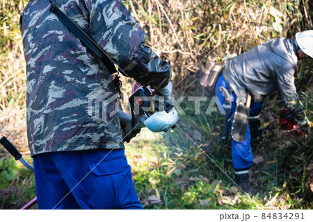 草刈機とチェーンソーによる倒木処理作業 84834291