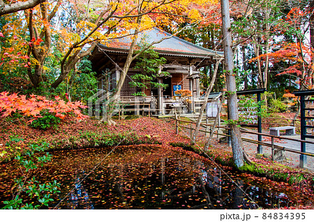岩手県　平泉　世界文化遺産　中尊寺　峯薬師堂と池 84834395