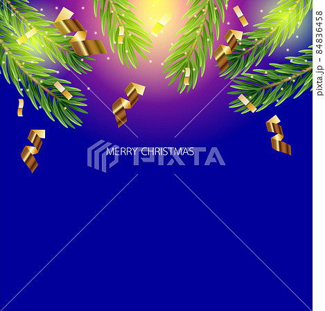 Christmas border. Holiday garland isolated on background. Christmas tree branches,and gold ribbon. 84836458