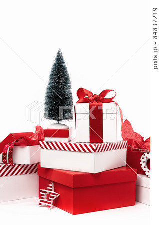 set of red and white gift boxes on white background set of red and white gift boxes on white background 84837219