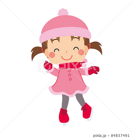 アイススケートを楽しんでいる可愛い小さな女の子のイラスト 白背景 クリップアートのイラスト素材