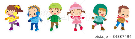 友だちと一緒にアイススケートを楽しんでいる可愛い小さな子供たちのイラスト　セット　白背景 84837494