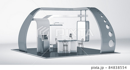 3d Rendering of stand, design with table and chair, info board, roll up. Clipping path included 84838554