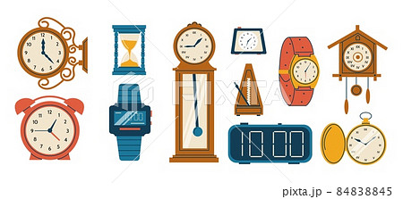 Doodle clock. Cartoon vintage and digital watches. Wristwatch and hourglass. Home interior time measure tower. Wooden and plastic alarm timepiece or metronome. Vector chronometers set Doodle clock. Cartoon vintage and digital watches. Wristwatch and hourglass. Home interior time measure tower. Wooden and plastic alarm timepiece or metronome. Vector chronometers set 84838845